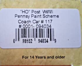 0001-094034 Con-cor Ho Pennsylvania Coach Car Prr #117 Post Ww11