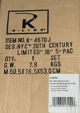 K-4670j K-line Nyc 20th Century Limited Aluminum Passenger 5-pack O-scale 18 Inch