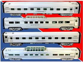 Lionel 25725/25726/25732/25733 Calif Zephyr Alum Pass 4-car Group C9-new 2-vista Domes/2-sleepers 18 Inch