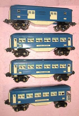 2613-2614-2614-2615 Lionel Blue Comet 4-car Lighted Passenger Set Prewar O-gauge