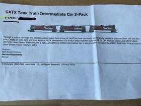 6-17933 Lionel O # 6- 17933 Gatx Tank Train Set 3 Cars Rail Mib
