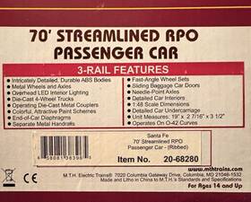 20-68280 Mth Nib 70ft Streamlined Santa Fe Rpo P. Car Ribbed #