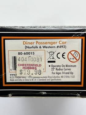 80-60015 Mth Ho Scale Norfolk And Western Diner Passenger Car #492 Nib