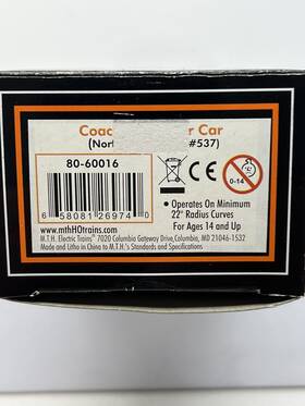 80-60016 Mth Ho Scale Norfolk And Western Coach Passenger Car #537 Ln/box