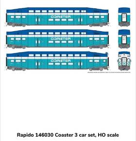 146030 Rapido Ho Bi-level Commuter Car Set - San Diego Coaster 3-pack 146030 Rapido Ho Bi-level Commuter Car Set - San Diego Coaster 3-pack
