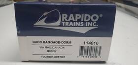 114016 Rapido Trains Via Rail Canada Budd Baggage-dorm Car #8602 Ho Scale