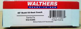 932-6385 Walthers Ho Scale 85ft Budd 52-seat Coach Passenger Car Santa Fe Atsf