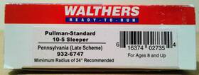 932-6747 Walthers Ho Scale Pullman 10-5 Sleeper Pennsylvania Railroad Prr
