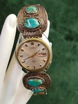 Vtg Seiko Auto 6106-7049 Native American Sterling Silver & Turquoise Watch Works. Fixed Price $295.95.