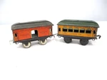 Ives 50 Baggage, 52 Parlor Car Orange Litho Prewar Gauge X8169. Fixed Price $35.00.