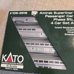 Kato Scale #106-3515 Amtrak Superliner Passenger Car Phase B, 4 Set. Fixed Price $140.00.