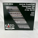 Kato Scale 106-3514 Amtrak Superliner Passenger Car Phase Ivb Set. Fixed Price $250.00.