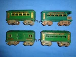 Scarce American Flyer Prewar Cars: #1213 Pullman, #1212 Observ. #1214 Baggage. Fixed Price $179.95.