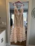Mac Duggal 11183 Lace Ruffle Tiered Sleeveless Plunge Neck Gown In Peach 16. Fixed Price $300.00.