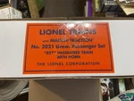 Lionel Trains No. 2021 Green Passenger Set Magne-traction 027 Gauge W/ Horn. Fixed Price $375.00.