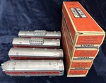 Lionel Postwar 2442(2), 2444, 2446 Red Striped Passenger Cars + Boxes. Fixed Price $229.95.