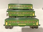 Classic Lionel Two 2640 Pullmans And 2641 Obs. Tone Green Passenger Cars. Fixed Price $129.00.