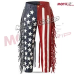American Flag Leather Fringe Pants: Unisex Patriotic Biker Style Handmade. Fixed Price $280.00.