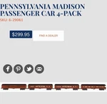 Lionel 6-29061 Gauge Pennsylvania Madison Passenger 4-PACK/BOX. Fixed Price $249.00.