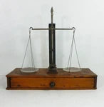 Apothecary Scale On Wood Drawer Box C1875 Pedestal Lift Key Glass Pans Balance. Fixed Price $52.50.
