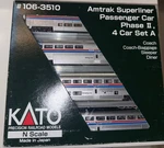 Kato Scale #106-3510 Amtrak Superliner Passenger Car Phase , 4 Set. Fixed Price $219.99.